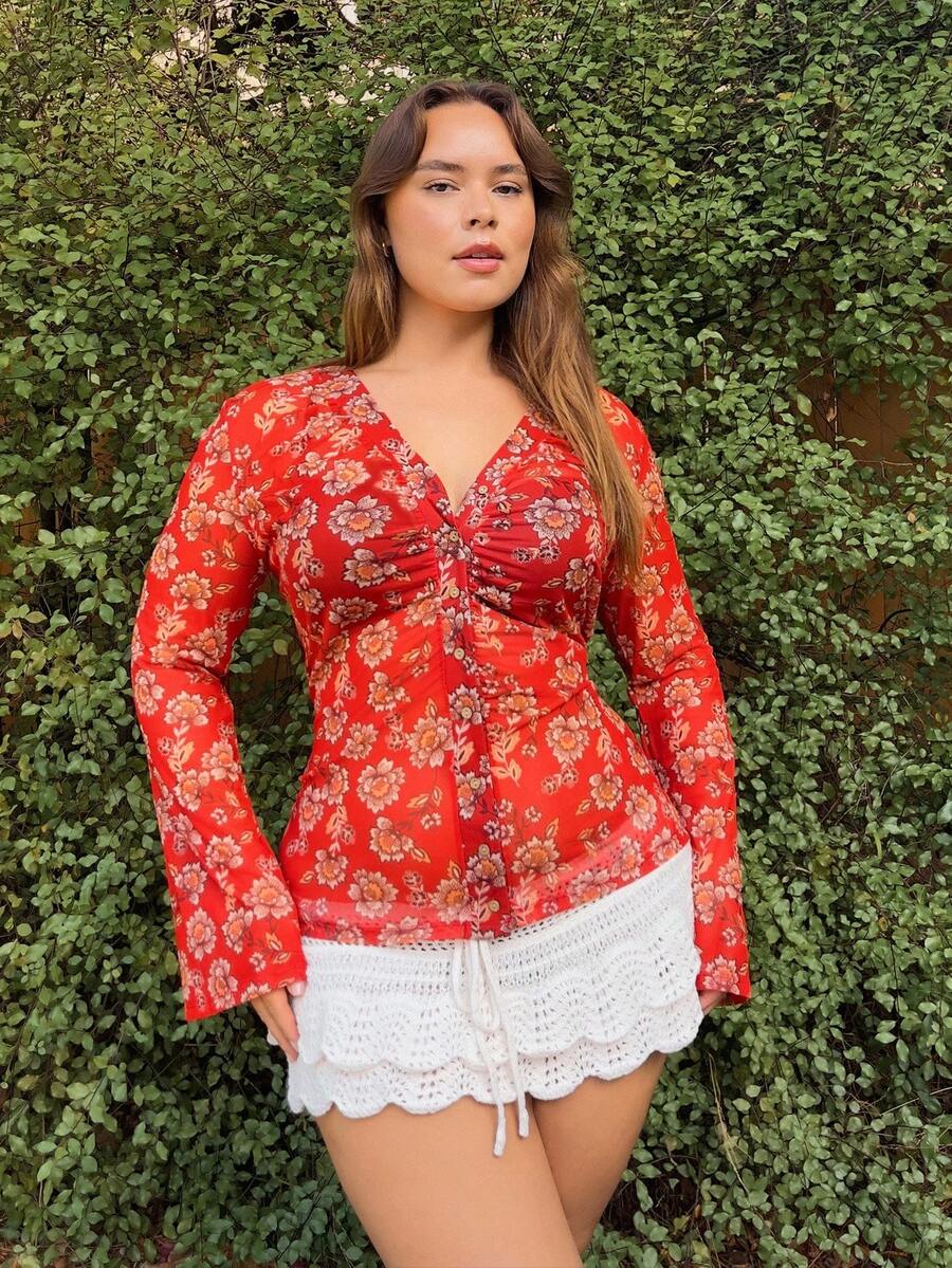 Nezia Cruz 女士度假印花衬衫,简约时尚休闲日常穿着 - 紅色 - 查看 1