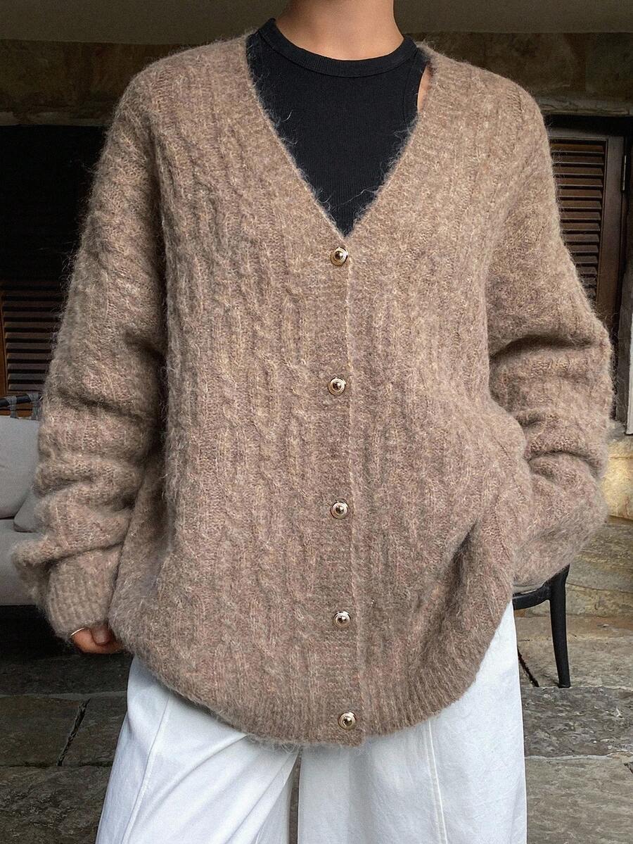 DAZY Women's Loose V-Neck Casual Cardigan, Autumn - Brown - View 1