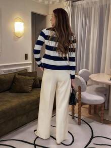 Pariaura French Casual Style Fitted Round Neck Long Sleeve Striped Black & White Knit Cardigan For Women, Spring/Autumn - Navy Blue - View 2