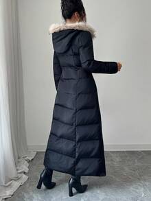 Firerie A Shape Silhouette Zip Up Hooded Fur Collar Padded Long Extra Warm Winter Coat - Black - View 3