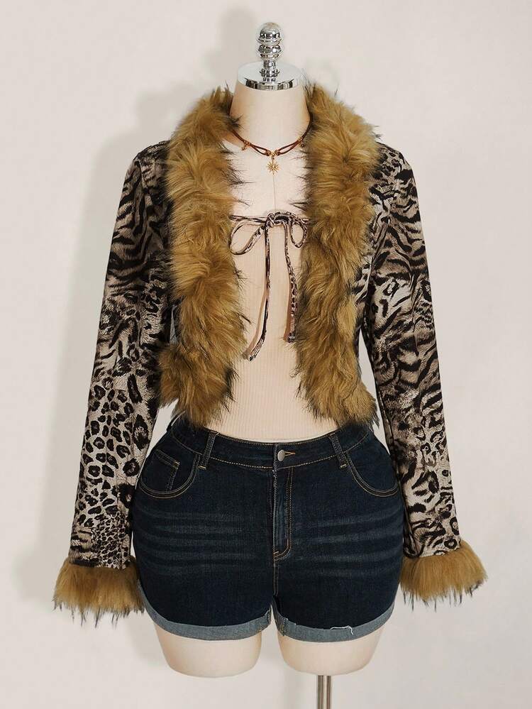SHEIN ICON Chaqueta de cárdigan vintage con cuello de piel de estampado de leopardo y decoración, chaqueta de estampado de leopardo retro Y2K para otoño e invierno para mujeres de talla grande - Multicolor - Añade 7