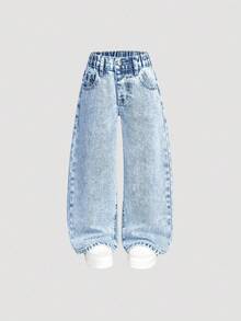 SHEIN 2pcs Young Girl All-Match Versatile Wide Leg Jeans, Loose Comfortable Casual Denim Pants, Suitable For Spring/Autumn, Holiday Chic For Autumn/Winter Fall