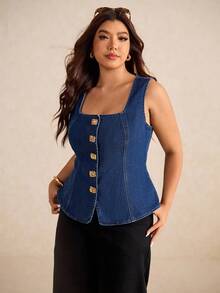 Elaquor Plus Size Dark Blue Denim Top Sleeveless Square Collar Vest Metal Buckle Decoration Elegant French Style Comfortable Stretch Denim