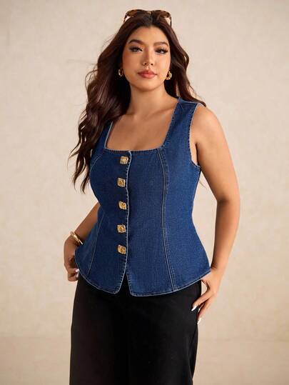Elaquor Áo denim cổ vuông không tay màu xanh đậm cỡ lớn, trang trí khóa kim loại, phong cách Pháp thanh lịch, thoải mái, co giãn