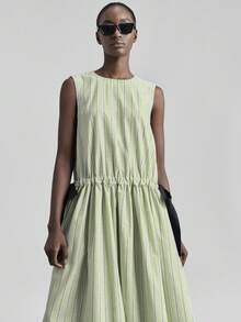 Ontre Women's Summer Simple Striped Loose Drawstring Waist Long Dress, Military Green, Suitable For Teachers, Urban Intellectual, Bowknot Strap Beach Holiday Outfit, Island Resort Bohemian Dress, Music Festival, Halloween, Christmas Party, Elegant Country Music Concert Dress