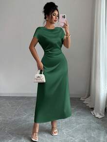 Rafferiza 女士优雅约会/通勤高领系带缎面短袖连衣裙 - 墨綠色 - 查看 4