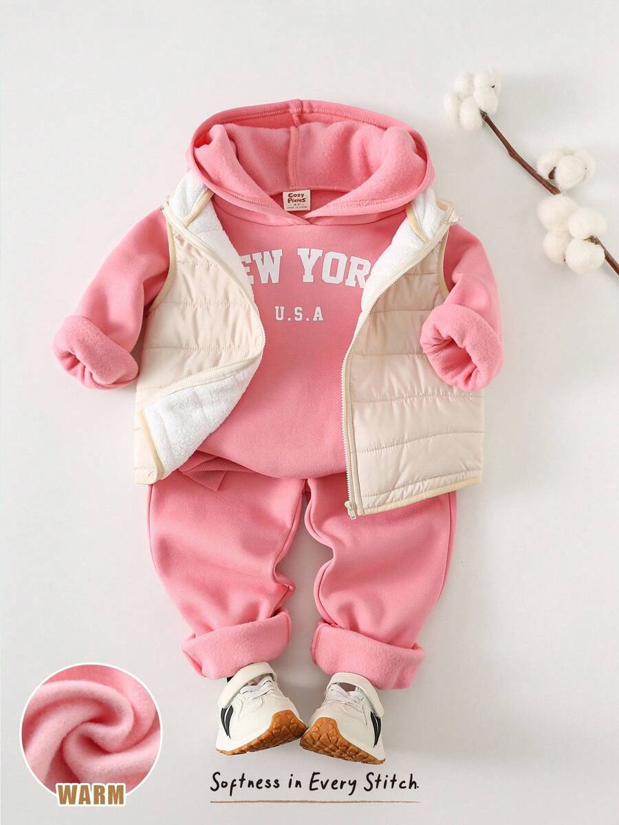 Cozy Pixies 3 件套少女纯色字母针织柔软连帽长袖套头衫、松紧腰抽绳裤、无袖背心 - 粉色 - 查看 1