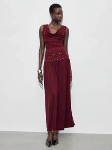 Maija 2pcs Women's Eyelet Metal Design Draped Neck Top And Mini Skirt Set, Winter Dress, Autumn Clothes , Halloween Costumes, Halloween Cosplay, Christmas Party , New Year Clothes , New Year Women,Thanksgiving Outfit For Women,Wine Red Set, Sleeveless Vest, Draped Neckline Design, Feminine Elegance, Large A-Line Silhouette. - Burgundy - View 10