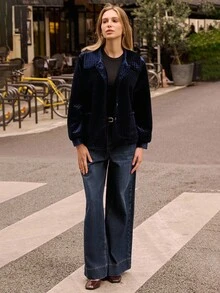 lacRébo Áo khoác nhung chần bông màu xanh nước biển có túi trước và nút cài, trang phục mùa thu cho nữ, trang phục mùa thu, trang phục mùa thu cho nữ, mùa thu đông - Màu xanh lam - Xem 2