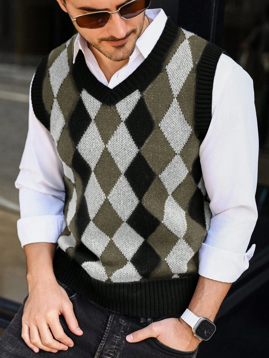Manfinity Mode Men's Contrast Argyle Knit Sweater Vest, Fall/Winter - Multicolor - View 1