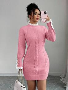 Elenzga 秋冬长袖扭绳圆领蕾丝边杏色连衣裙 - 粉色 - 查看 6