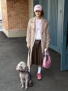 1 件青少年女孩翻领长袖宽松长款风衣夹克，秋季休闲通勤外套 - 卡其色 - 查看 5