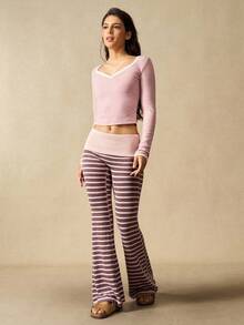 VARSIVA Women's Casual Striped Flared Pants With Waist Fold Over Leggings - Multicolor - View 6