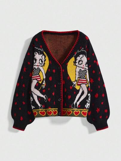 Betty Boop | ROMWE 秋季 Y2K Betty 心形和星星图案开衫