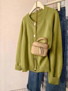 EMERY ROSE Plus Size Women Casual Everyday Commute Simple Solid Color Raglan Sleeve Button Front Cardigan, Autumn/Winter - Mustard Yellow - View 2