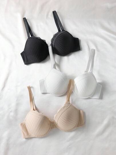 SHEIN 3件套性感蕾丝拼接聚拢文胸，女士适用