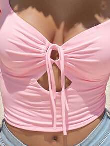 INAWLY 女式修身长袖系带性感休闲 T 恤，春秋季 - 粉色 - 查看 4