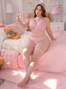 SHEIN 大码蕾丝拼布无钢圈内衣套装（含丝袜）4件套 - 粉色 - 查看 1