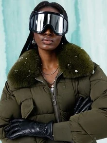 Aveloria GENKIRA 都市时尚短款翻领收腰金属拉链蓬松领口袋飞行飞行员夹克加厚保暖聚酯纤维合成保暖冬季大衣冬季夹克 - 軍綠色 - 查看 1