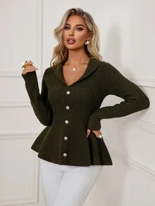 Xyvia Women's Elegant Fitted Classic Textured Front Metal Button Design Solid Color Long Sleeve Sweater, Autumn/Winter - Army Green - View 6