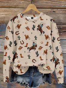 SHEIN LUNE 休闲简约印花图案圆领宽松女式运动衫秋冬女士服装 - 彩色 - 查看 1