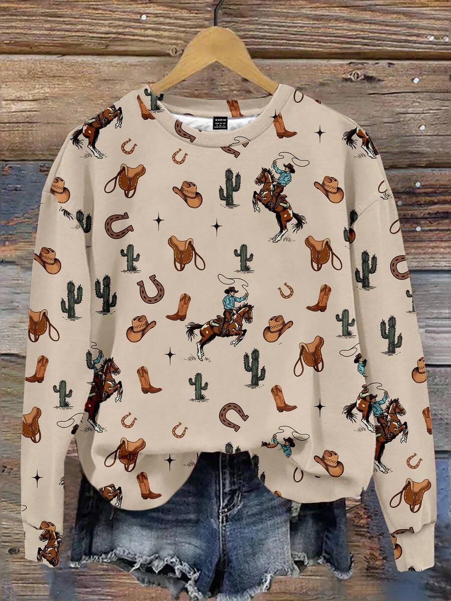 SHEIN LUNE 休闲简约印花图案圆领宽松女式运动衫秋冬女士服装 - 彩色 - 查看 1