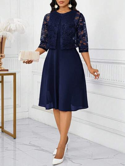 SHEIN Lady Conjunto de 2 piezas de top sin mangas de encaje y vestido de unicolor elegante para mujer, vestidos de verano para cumpleaños y eventos / vestidos de oficina / vestidos de iglesia / vestidos de boda / vestidos de vacaciones