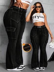 SHEIN SXY Blugi elastici evazați pentru femei, mărime mare, de iarnă - Negru - Vizualizare 1