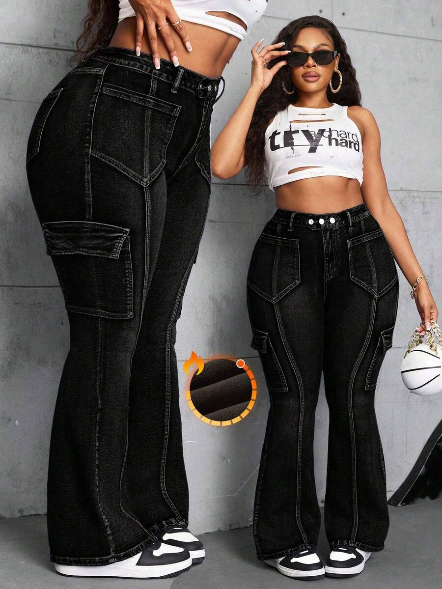 SHEIN SXY Blugi elastici evazați pentru femei, mărime mare, de iarnă - Negru - Vizualizare 1