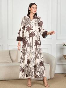 Al Najma Áo Kaftan rộng rãi cổ chữ V in hoa cổ điển dành cho nữ - Màu be - Xem 4