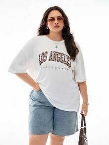 SHEIN EZwear Plus Leopard & Letter Graphic Drop Shoulder Tee - White - View 3