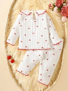 SHEIN Recién nacido bebé niña blanco a rayas de punto con estampado de cereza de dibujos animados, cuello de loto, top de manga larga a juego con pantalones, tela suave, cómoda y elegante, adecuada para actividades en el hogar y al aire libre - Blanco - Ver 4