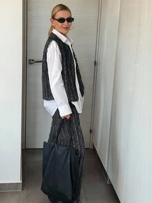 Vivie Lora 女士秋季单排扣马甲阔腿裤休闲宽松两件套家居服套装 - 黑色 - 查看 8