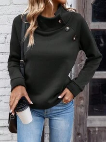 EMERY ROSE Áo nỉ nỉ tay raglan cổ đứng màu trơn thiết kế nút dành cho nữ, thời trang thu đông - màu đen - Xem 4