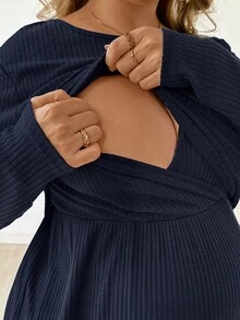 Plussiva Plus Size Maternity Casual Everyday Commute Simple Solid Color Ribbed Nursing Dress, Spring/Autumn - Blue - View 3