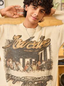 Open Phase STONE DISTRICT ANDREILEE 春秋冬新款男士街头时尚法式油画泼墨印花破洞做旧针织毛衣，休闲宽松套头衫，复古美式，男女皆宜，宽松夏季服装 – 适合日常穿着和夏季度假穿着。 - 杏色 - 查看 6