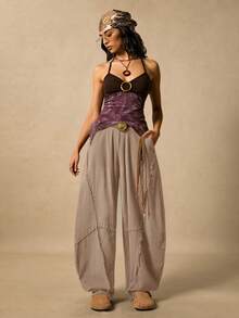 Easelle 女士休闲斜插口袋毛边裤筒裤宽松裤肥大服纱布服装 - 駝色 - 查看 10