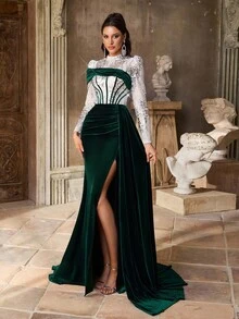 Aureia 优雅奢华的银色和绿色亮片刺绣长袖透明面板美人鱼正式晚礼服 - 彩色 - 查看 7