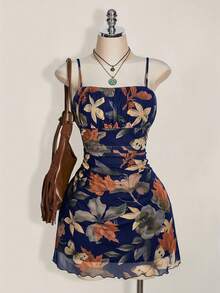 SHEIN ICON Plus Size Women Summer Vacation & Back To School Clothes, Vintage Maple Leaf Print Pleated Dress, Suitable For Summer