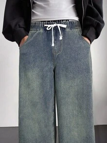 青少年男孩时尚休闲 Y2K 复古酷炫街头返校学院风白色抽绳腰带松紧腰设计复古蓝色牛仔宽松牛仔裤柔软日常穿着秋冬锐舞节和街头服饰 - 藍色 - 查看 5
