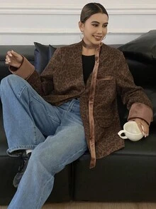 Livesso Blazer holgado de terciopelo con estampado de leopardo para mujer, atuendo de negocios de otoño - Café integral - Ver 5