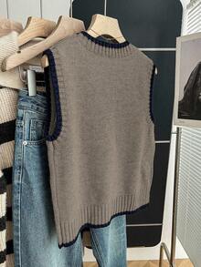 Franclia Casual Loose Crew Neck Sleeveless Knit Contrast Trim Khaki Sweater Top For Women, Spring/Autumn - Mocha Brown - View 2