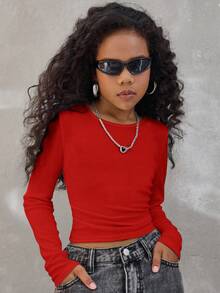 Coolane Tween Girls Winter/Fall Streetwear Basic Stretchy Comfortable Solid Ruched Side Crop Tee,Christmas .New Year,Party ,Chic,Warm - Red - View 2