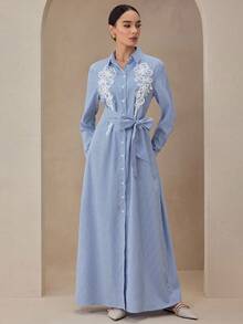 Graceveil Váy dài họa tiết sọc màu tương phản thêu tay thường ngày dành cho người đi làm, Thu/Đông - Màu xanh lam - Xem 1