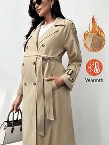 MaterniWear 孕妇工作纯色长袖双排扣腰带设计休闲常规外套，秋季 - 卡其色 - 查看 1
