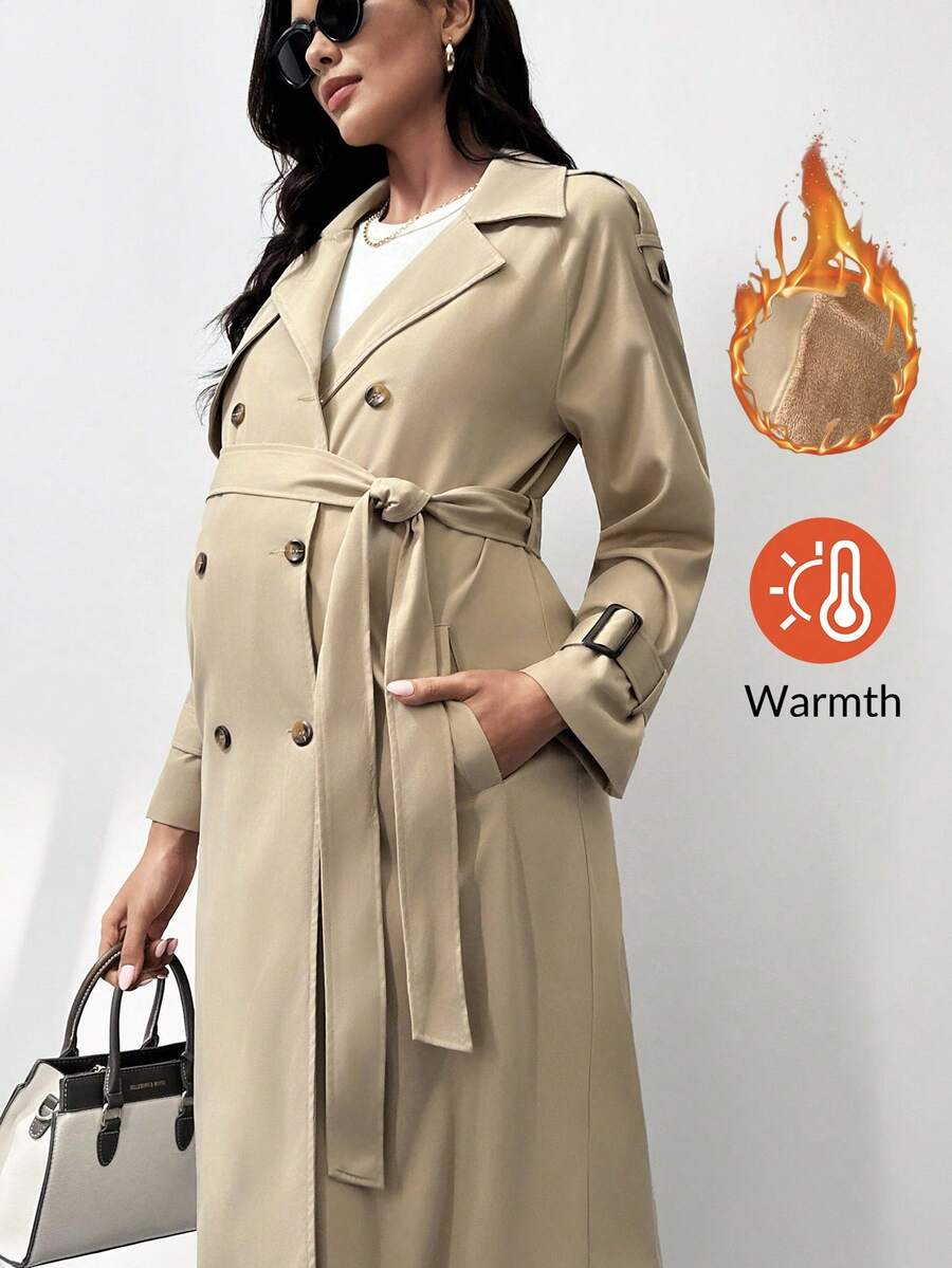 MaterniWear 孕妇工作纯色长袖双排扣腰带设计休闲常规外套，秋季 - 卡其色 - 查看 1