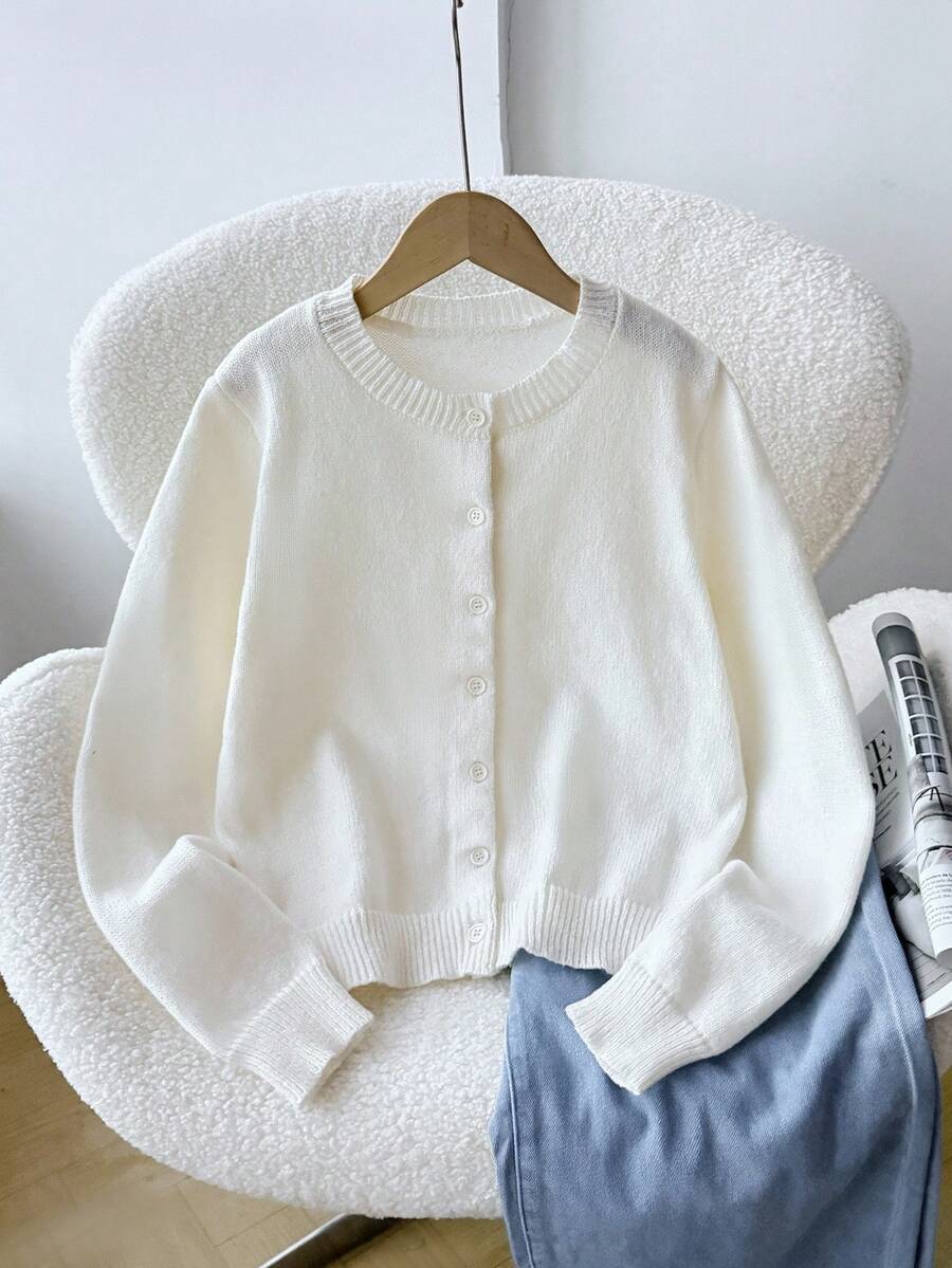 SHEIN 青少年女孩宽松休闲简约舒适圆领前开纯色毛衣秋冬女孩服装 - 米色 - 查看 1