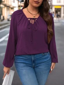 SHEIN 秋季大码休闲日常纯色优雅纹理宽松衬衫 - 紫色 - 查看 5