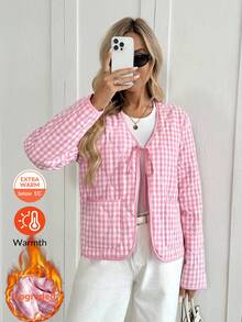 SHEIN LUNE Áo khoác chần bông có túi và nơ cho nữ, màu đỏ và trắng, mùa thu/đông - Đỏ và trắng - Xem 1