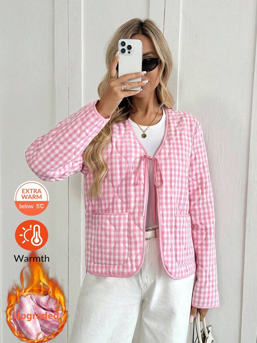 SHEIN LUNE Áo khoác chần bông có túi và nơ cho nữ, màu đỏ và trắng, mùa thu/đông - Đỏ và trắng - Xem 1